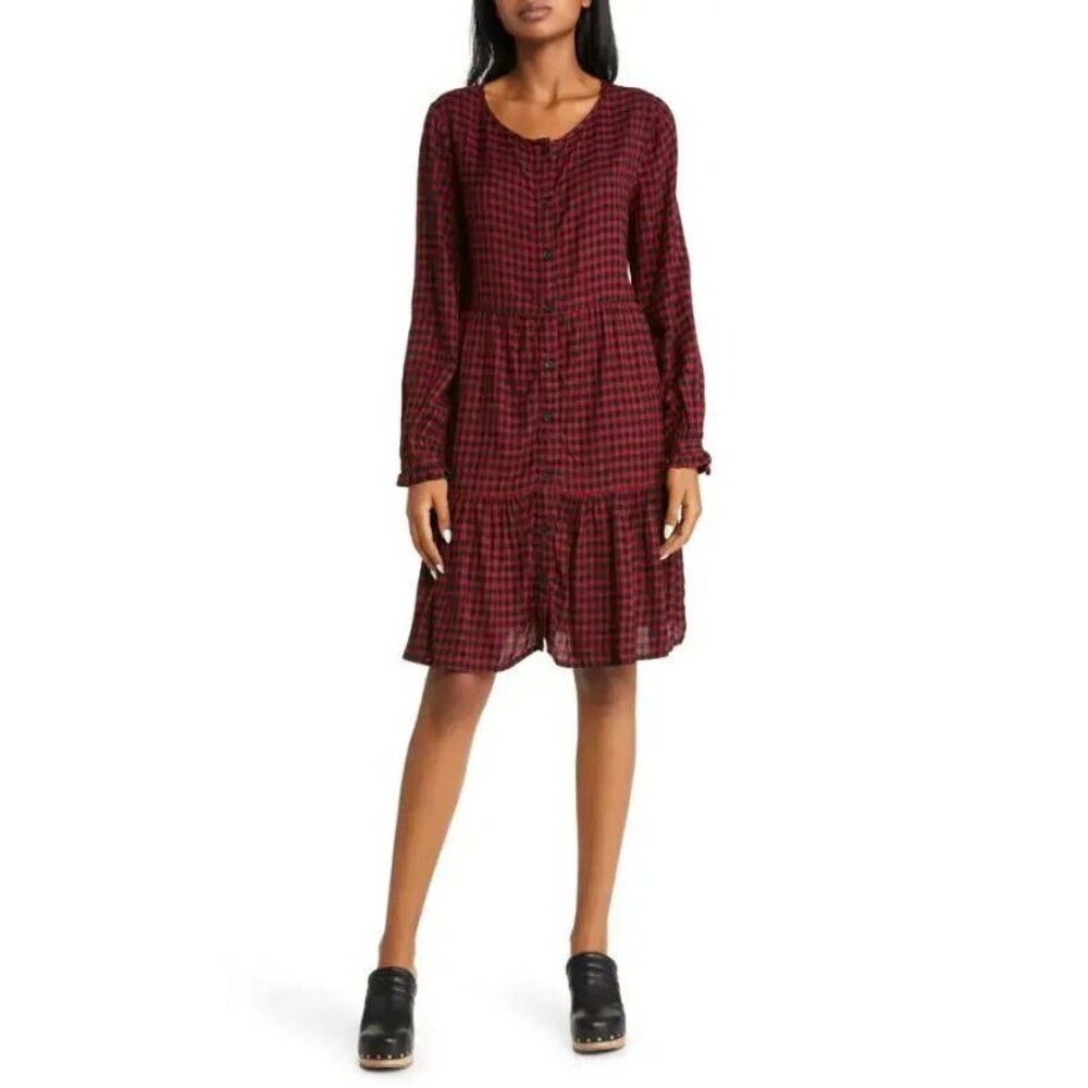 NWT Beach Lunch Lounge Red Gingham Plaid Tiered Long Sleeve Shirt Dress Sz XS
